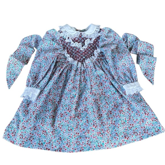 Vtg Polly Flinders Delicate Floral Long Sleeve Dress Diamond  Smocked Lace Sz 3T - Picture 3 of 15